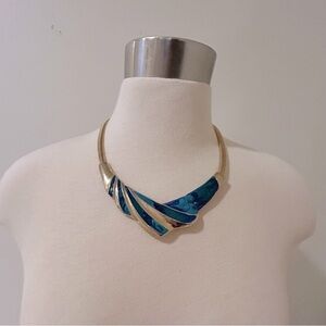 Blue Gold Enamel Necklace Totally 80s Collar Vintage Fashion Jewelry